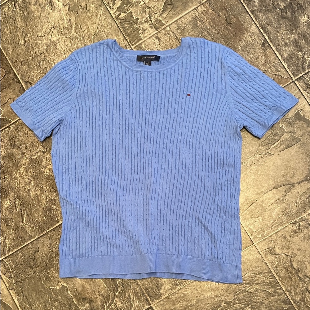TOMMY HILFIGER Periwinkle Blue Cable Knit Short Sleeve Top Preppy Indie Coastal